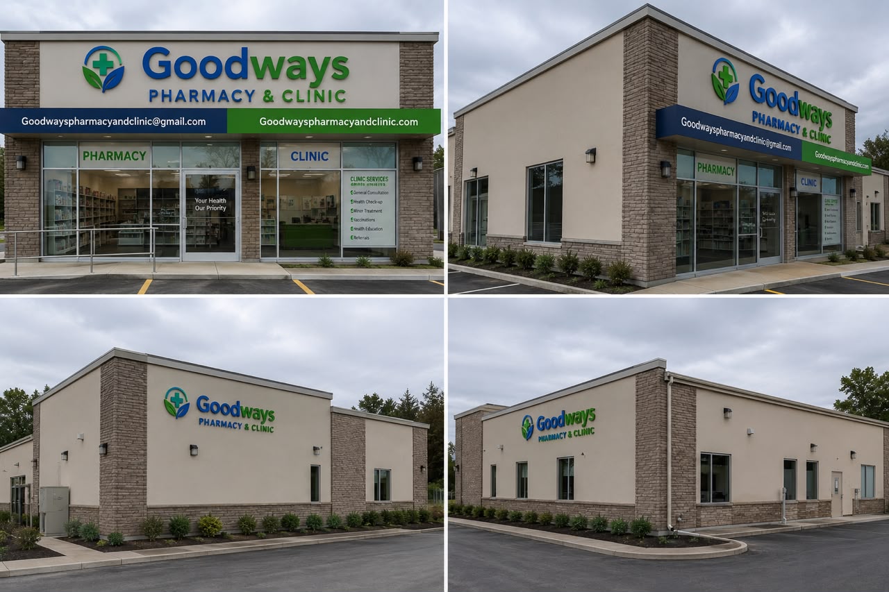 Exterior views of a Goodways Pharmacy and Clinic building