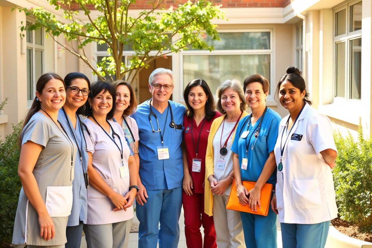 Goodways staff and volunteers standing together in a sunny hospital courtyard